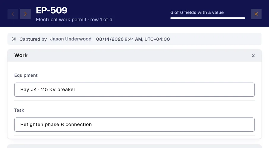 Record EP-509 of the “Electrical work permit” form in PAIR. Equipment: Bay J4 · 115 kV breaker; Task: Retighten phase B connection.
