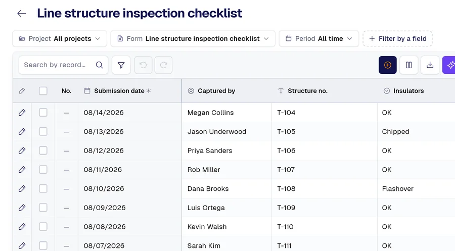 PAIR records table for the “Line structure inspection checklist” form, with columns Structure no., Insulators, Hardware.