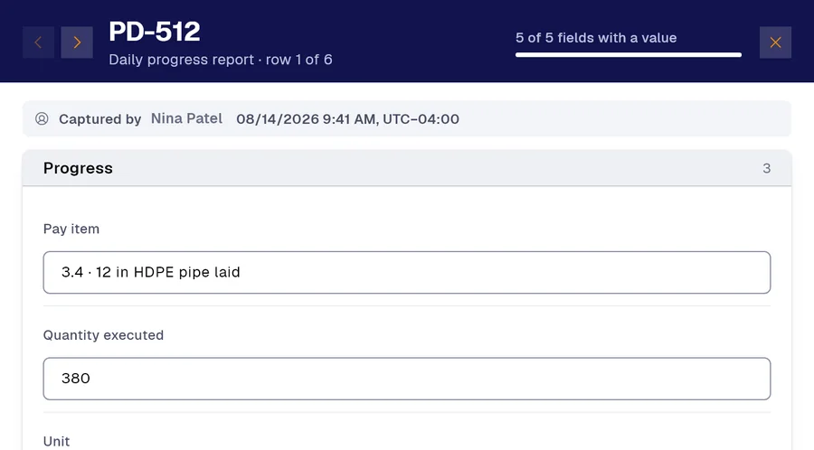 Record PD-512 of the “Daily progress report” form in PAIR. Pay item: 3.4 · 12 in HDPE pipe laid; Quantity executed: 380.
