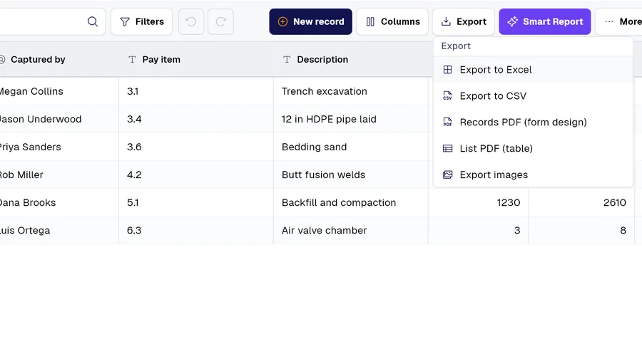 PAIR records table for the “Period quantity backup · August” form, with columns Pay item, Description, Qty this period. The Export menu is open: Excel, CSV and PDF.