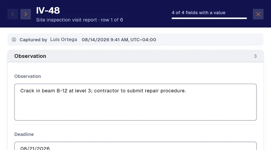 Record IV-48 of the “Site inspection visit report” form in PAIR. Observation: Crack in beam B-12 at level 3; contractor to submit repair procedure; Deadline: 08/21/2026.