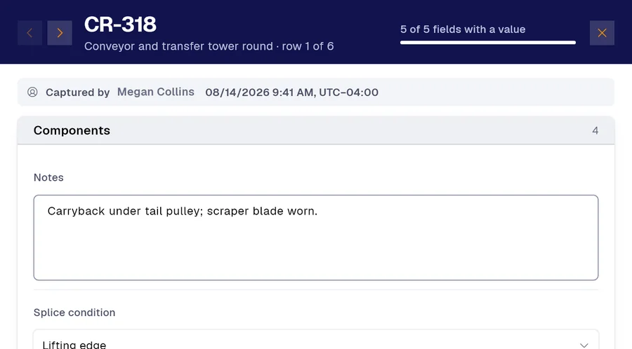 Record CR-318 of the “Conveyor and transfer tower round” form in PAIR. Notes: Carryback under tail pulley; scraper blade worn; Splice condition: Lifting edge.