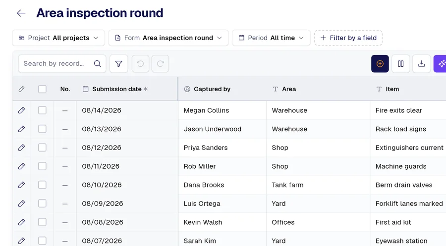 PAIR records table for the “Area inspection round” form, with columns Area, Item, Result.