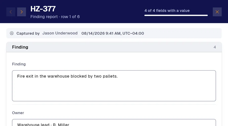 Record HZ-377 of the “Finding report” form in PAIR. Finding: Fire exit in the warehouse blocked by two pallets; Owner: Warehouse lead · R. Miller.
