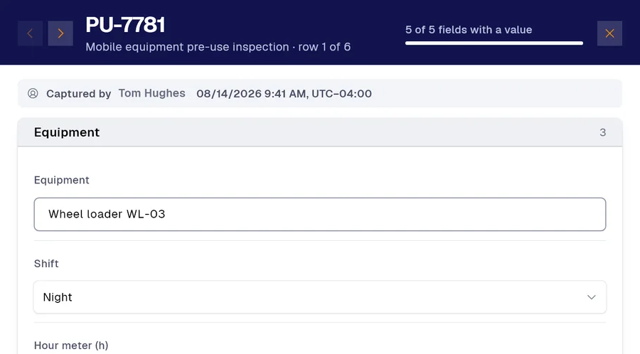 Record PU-7781 of the “Mobile equipment pre-use inspection” form in PAIR. Equipment: Wheel loader WL-03; Shift: Night.