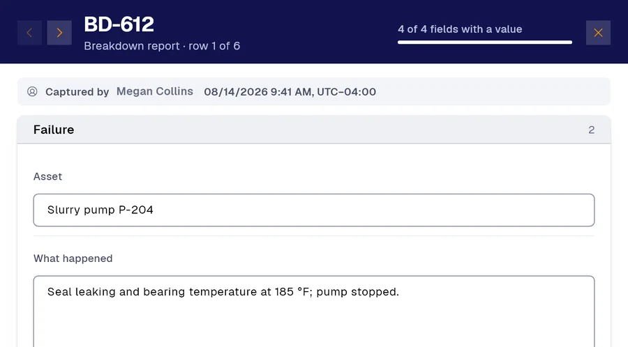 Record BD-612 of the “Breakdown report” form in PAIR. Asset: Slurry pump P-204; What happened: Seal leaking and bearing temperature at 185 °F; pump stopped.