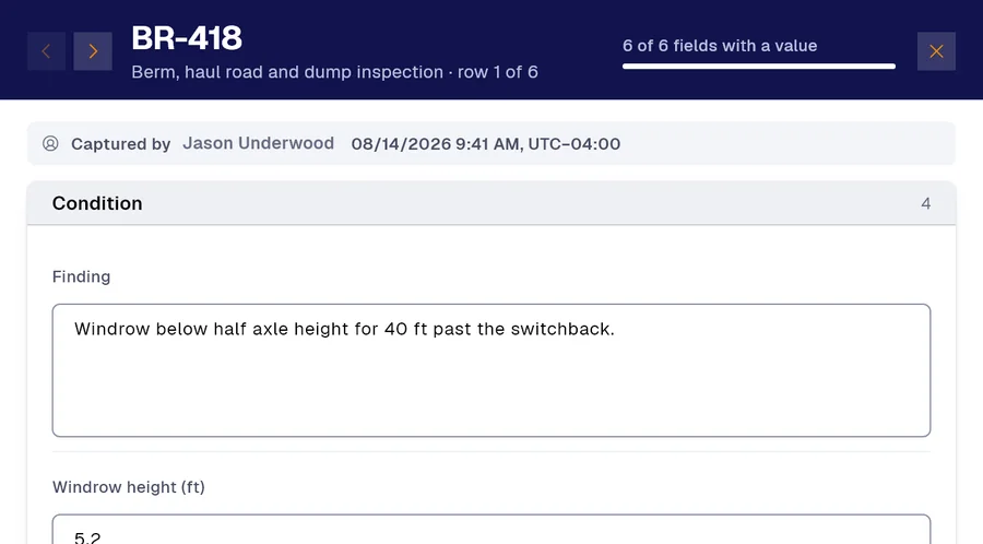 Record BR-418 of the “Berm, haul road and dump inspection” form in PAIR. Finding: Windrow below half axle height for 40 ft past the switchback; Windrow height (ft): 5.2.