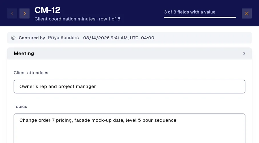 Record CM-12 of the “Client coordination minutes” form in PAIR. Client attendees: Owner’s rep and project manager; Topics: Change order 7 pricing, facade mock-up date, level 5 pour sequence.