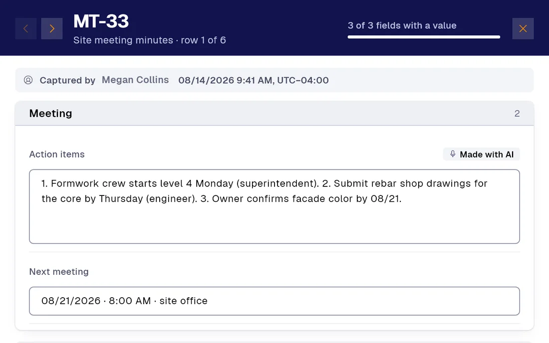 Record MT-33 of the “Site meeting minutes” form in PAIR. Action items: 1. Formwork crew starts level 4 Monday (superintendent). 2. Submit rebar shop drawings for the core by Thursday (engineer). 3. Owner confirms facade color by 08/21; Next meeting: 08/21/2026 · 8:00 AM · site office.
