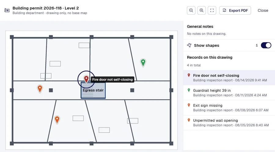 PAIR drawing viewer: “Building permit 2026-118 · Level 2” (Building department) with 4 records placed on the drawing, “Fire door not self-closing” selected.