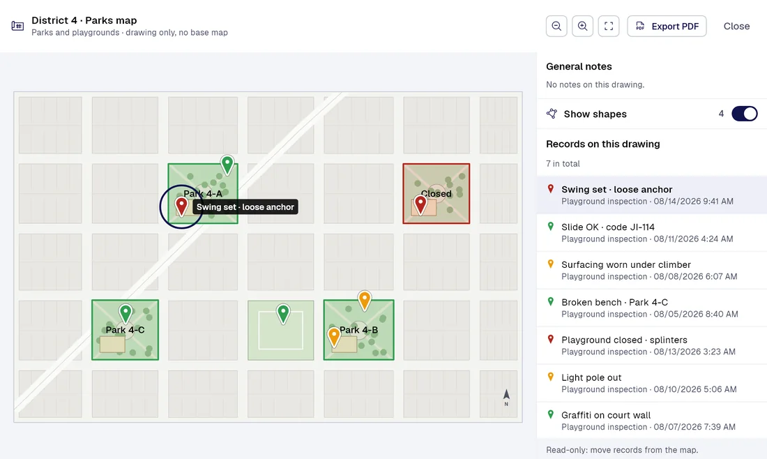 PAIR drawing viewer: “District 4 · Parks map” (Parks and playgrounds) with 7 records placed on the drawing, “Swing set · loose anchor” selected.
