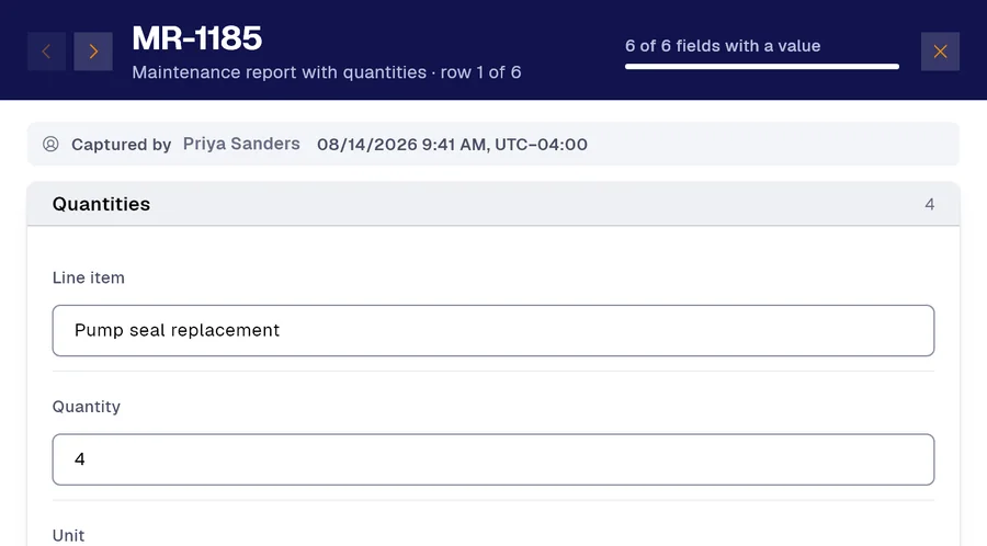 Record MR-1185 of the “Maintenance report with quantities” form in PAIR. Line item: Pump seal replacement; Quantity: 4.
