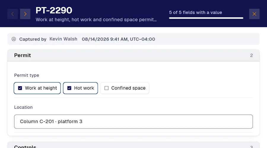 Record PT-2290 of the “Work at height, hot work and confined space permit” form in PAIR. Permit type: Work at height, Hot work; Location: Column C-201 · platform 3.
