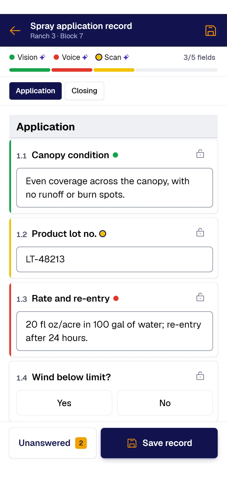 The “Spray application record” form on the phone: Canopy condition filled by PAIR Vision, Product lot no. by PAIR Scan and Rate and re-entry by PAIR Voice, each with its colored dot.