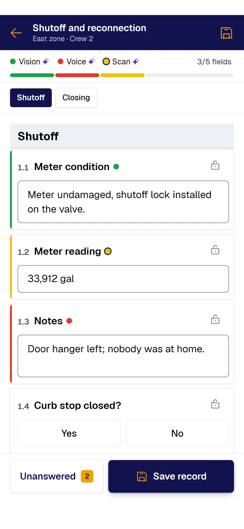 The “Shutoff and reconnection” form on the phone: Meter condition filled by PAIR Vision, Meter reading by PAIR Scan and Notes by PAIR Voice, each with its colored dot.