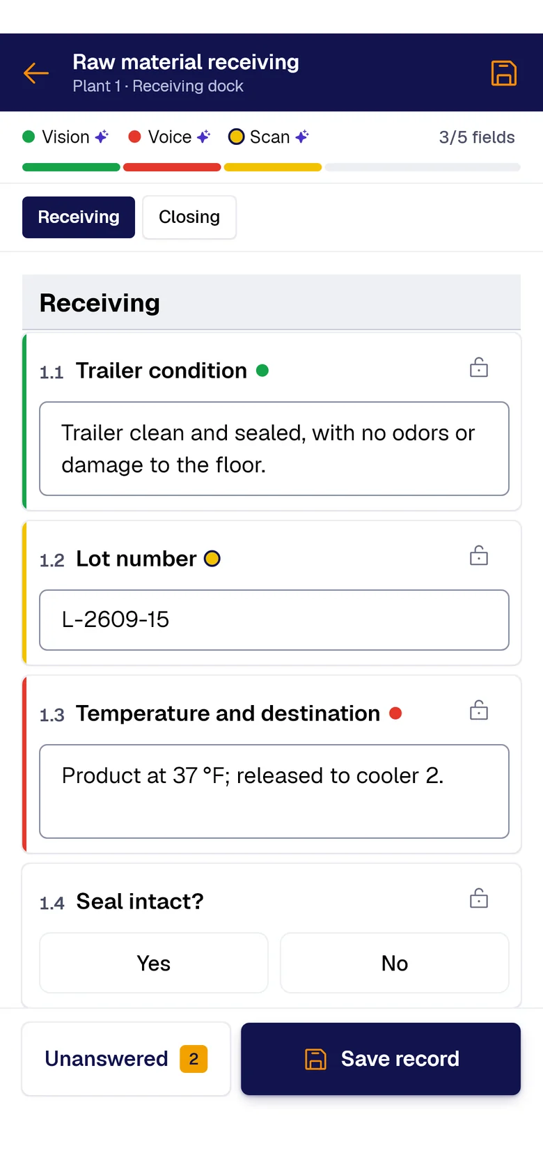 The “Raw material receiving” form on the phone: Trailer condition filled by PAIR Vision, Lot number by PAIR Scan and Temperature and destination by PAIR Voice, each with its colored dot.