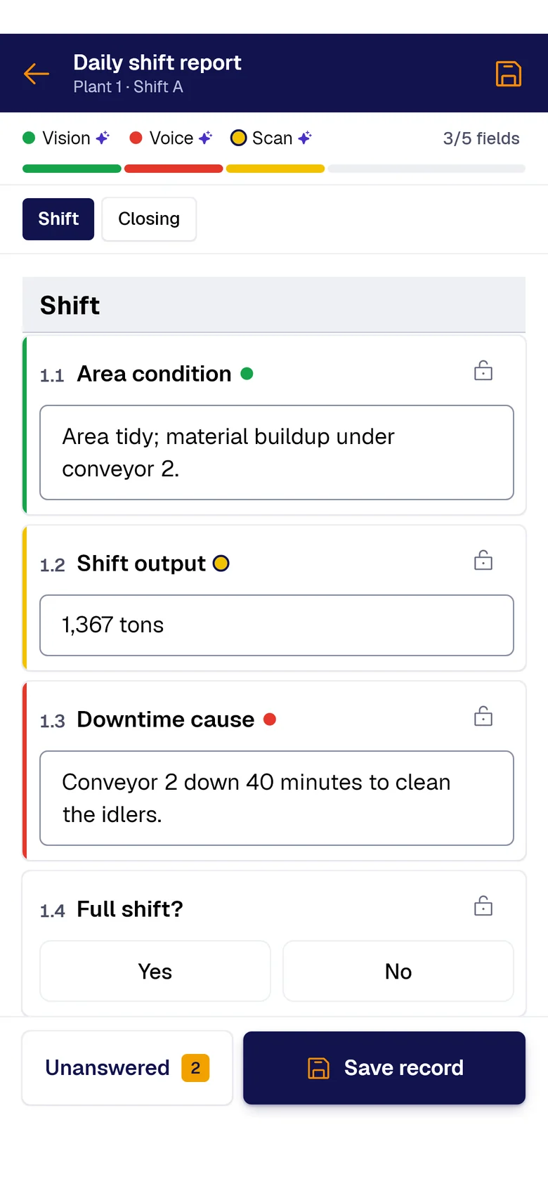 The “Daily shift report” form on the phone: Area condition filled by PAIR Vision, Shift output by PAIR Scan and Downtime cause by PAIR Voice, each with its colored dot.
