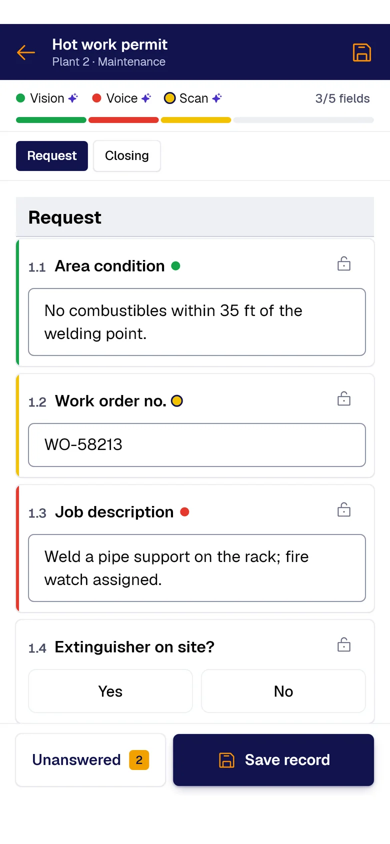 The “Hot work permit” form on the phone: Area condition filled by PAIR Vision, Work order no. by PAIR Scan and Job description by PAIR Voice, each with its colored dot.