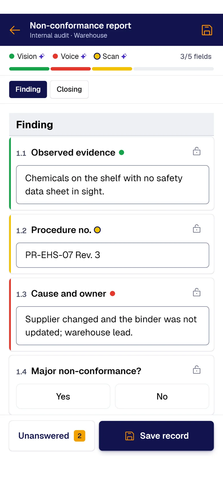 The “Non-conformance report” form on the phone: Observed evidence filled by PAIR Vision, Procedure no. by PAIR Scan and Cause and owner by PAIR Voice, each with its colored dot.