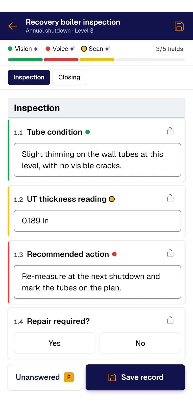 The “Recovery boiler inspection” form on the phone: Tube condition filled by PAIR Vision, UT thickness reading by PAIR Scan and Recommended action by PAIR Voice, each with its colored dot.