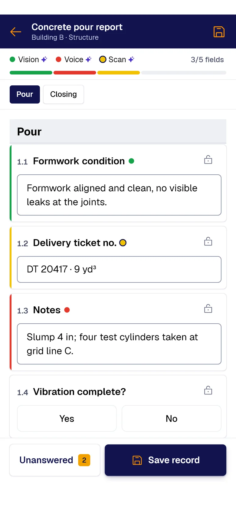 The “Concrete pour report” form on the phone: Formwork condition filled by PAIR Vision, Delivery ticket no. by PAIR Scan and Notes by PAIR Voice, each with its colored dot.