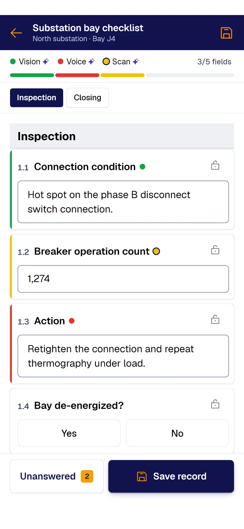 The “Substation bay checklist” form on the phone: Connection condition filled by PAIR Vision, Breaker operation count by PAIR Scan and Action by PAIR Voice, each with its colored dot.