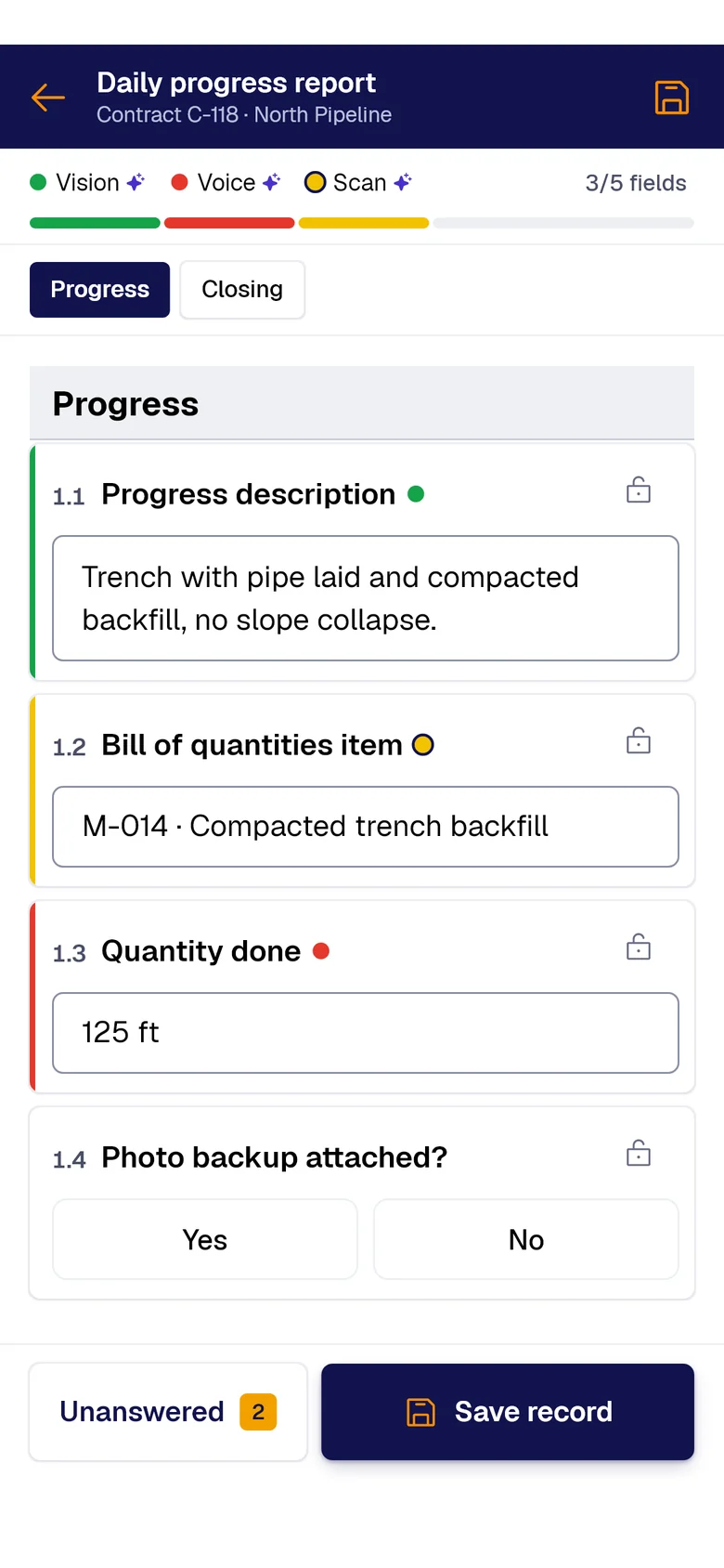 The “Daily progress report” form on the phone: Progress description filled by PAIR Vision, Bill of quantities item by PAIR Scan and Quantity done by PAIR Voice, each with its colored dot.