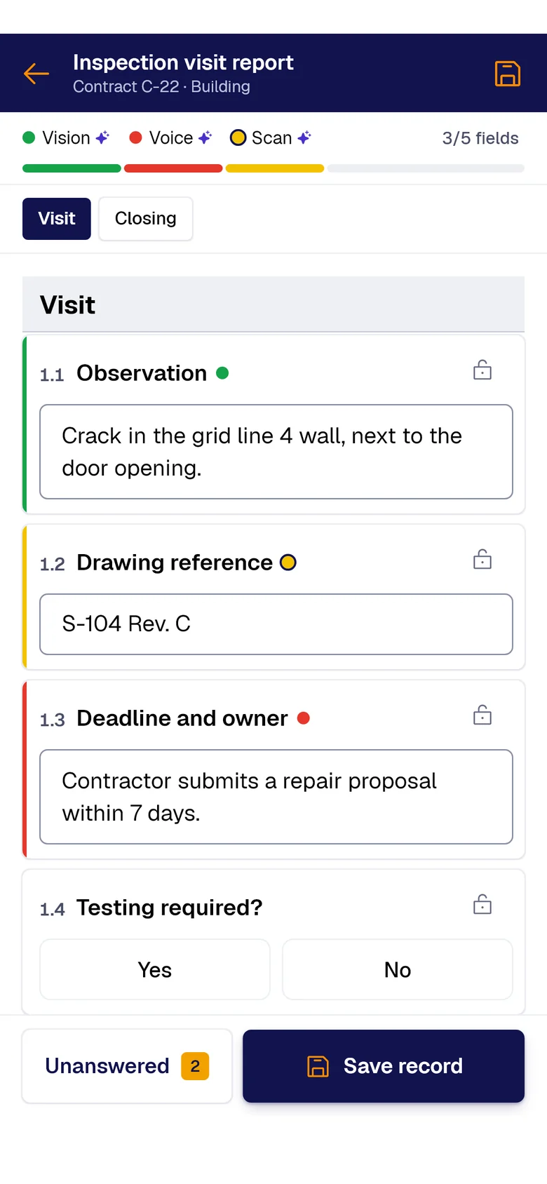 The “Inspection visit report” form on the phone: Observation filled by PAIR Vision, Drawing reference by PAIR Scan and Deadline and owner by PAIR Voice, each with its colored dot.