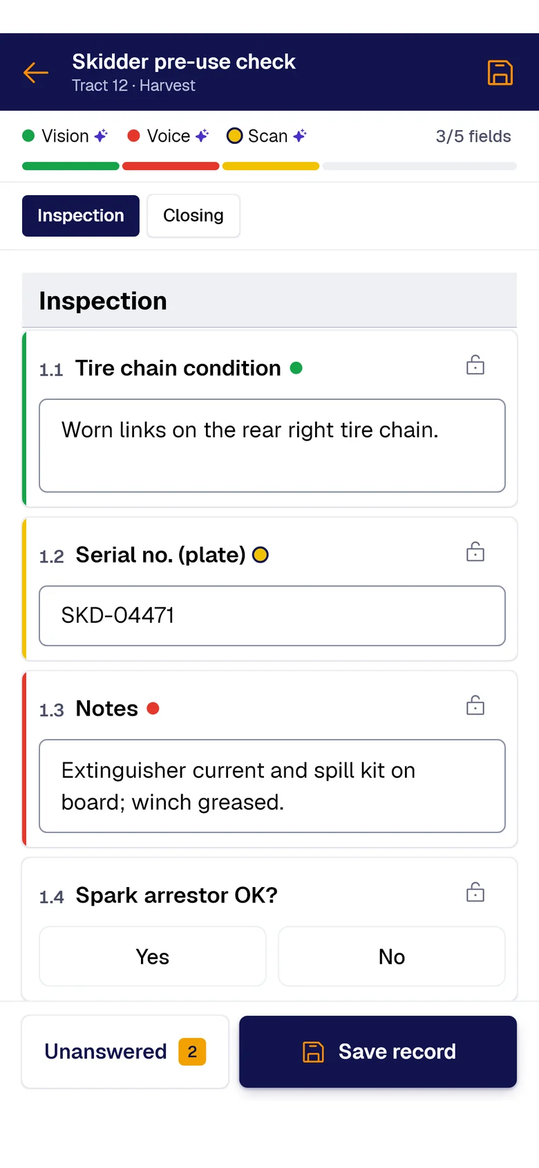 The “Skidder pre-use check” form on the phone: Tire chain condition filled by PAIR Vision, Serial no. (plate) by PAIR Scan and Notes by PAIR Voice, each with its colored dot.