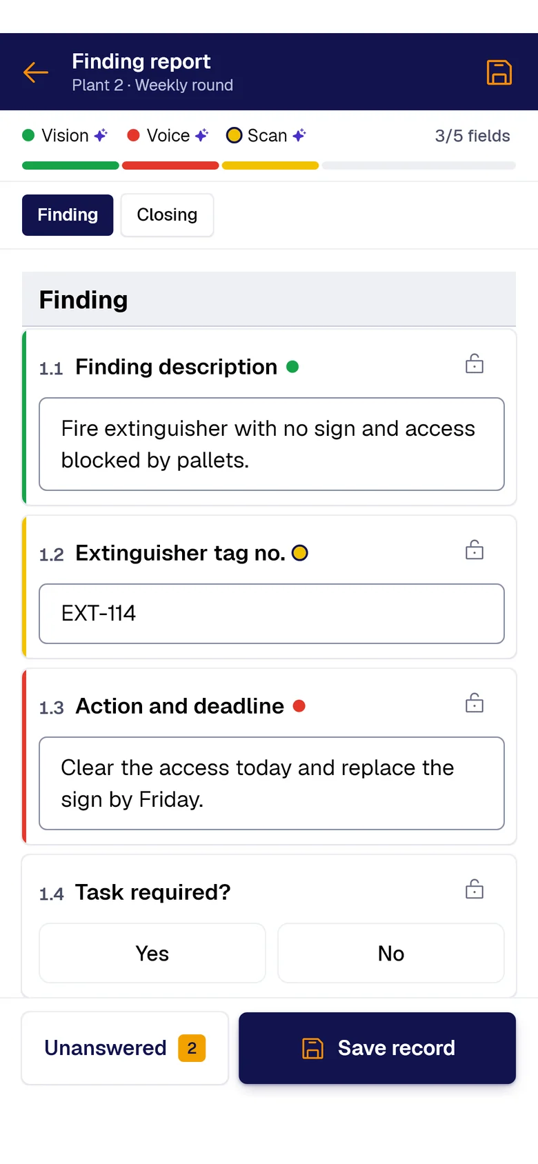 The “Finding report” form on the phone: Finding description filled by PAIR Vision, Extinguisher tag no. by PAIR Scan and Action and deadline by PAIR Voice, each with its colored dot.