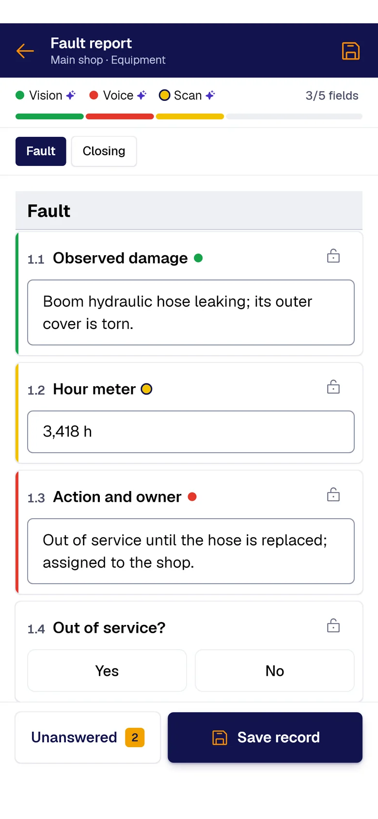 The “Fault report” form on the phone: Observed damage filled by PAIR Vision, Hour meter by PAIR Scan and Action and owner by PAIR Voice, each with its colored dot.