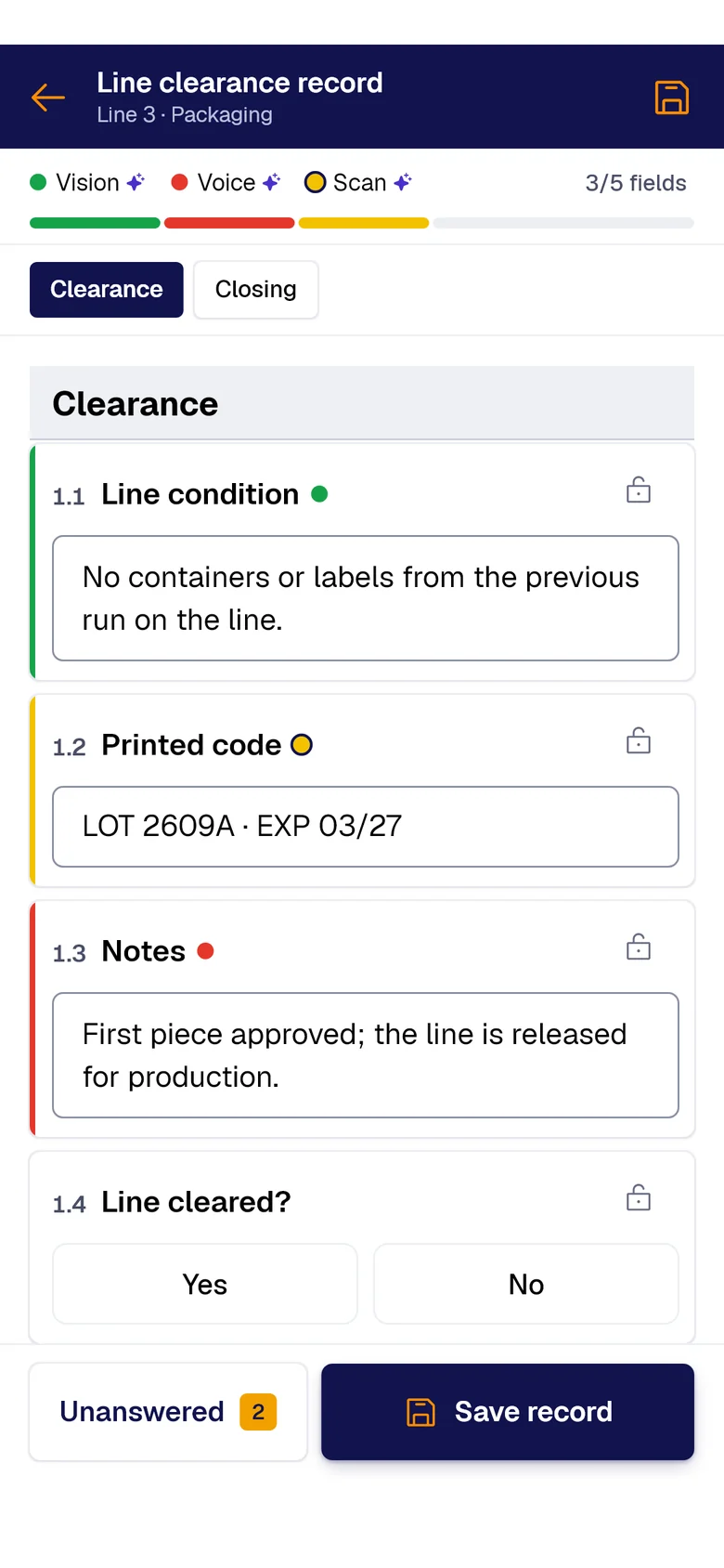 The “Line clearance record” form on the phone: Line condition filled by PAIR Vision, Printed code by PAIR Scan and Notes by PAIR Voice, each with its colored dot.