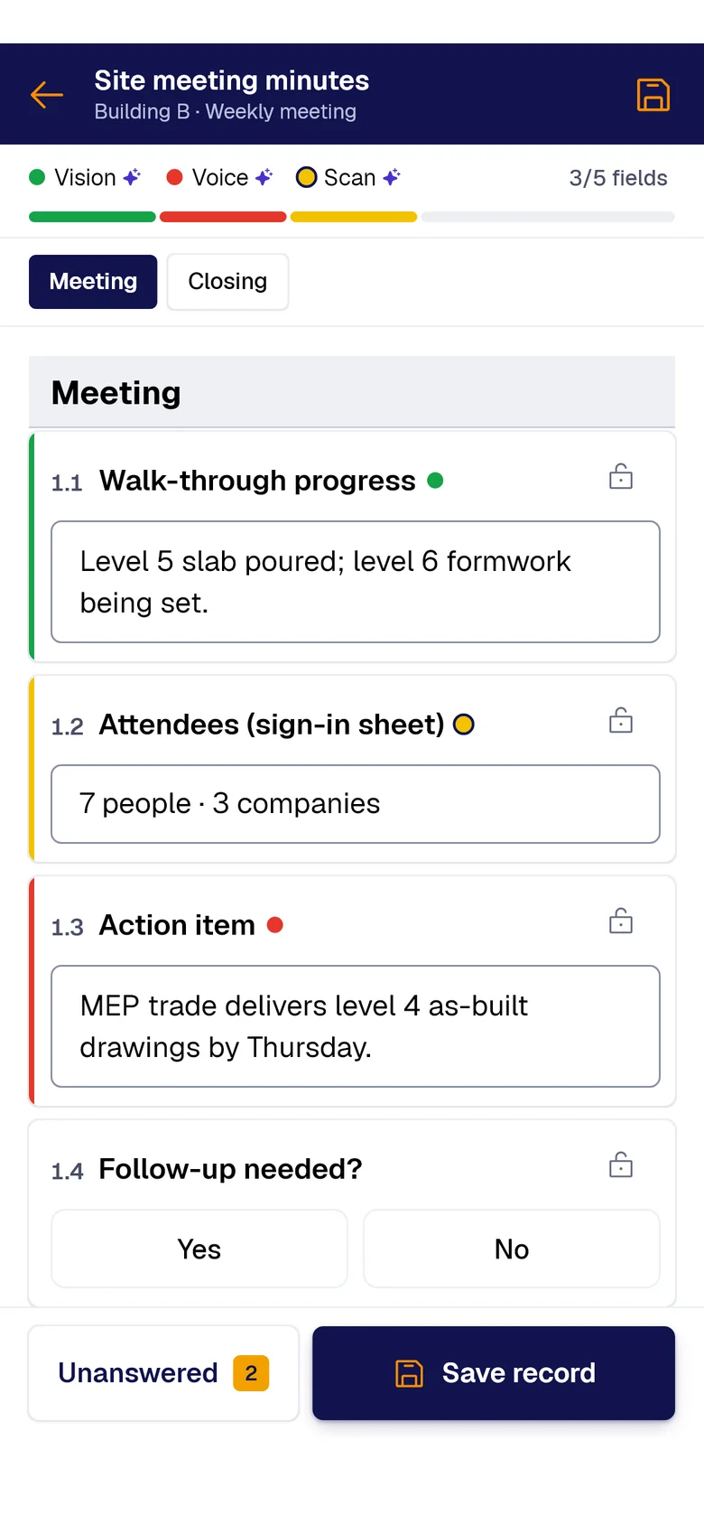 The “Site meeting minutes” form on the phone: Walk-through progress filled by PAIR Vision, Attendees (sign-in sheet) by PAIR Scan and Action item by PAIR Voice, each with its colored dot.