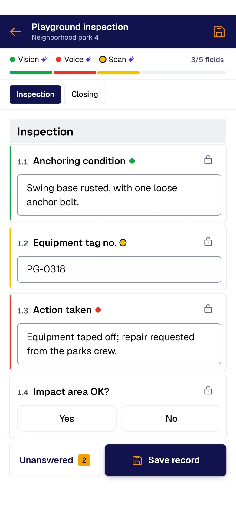 The “Playground inspection” form on the phone: Anchoring condition filled by PAIR Vision, Equipment tag no. by PAIR Scan and Action taken by PAIR Voice, each with its colored dot.