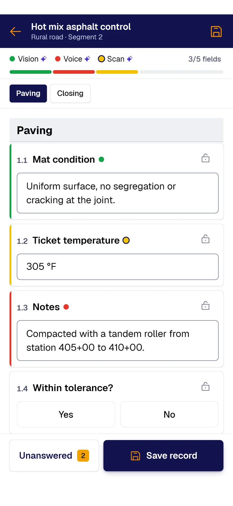The “Hot mix asphalt control” form on the phone: Mat condition filled by PAIR Vision, Ticket temperature by PAIR Scan and Notes by PAIR Voice, each with its colored dot.