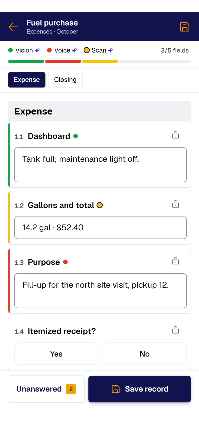 The “Fuel purchase” form on the phone: Dashboard filled by PAIR Vision, Gallons and total by PAIR Scan and Purpose by PAIR Voice, each with its colored dot.