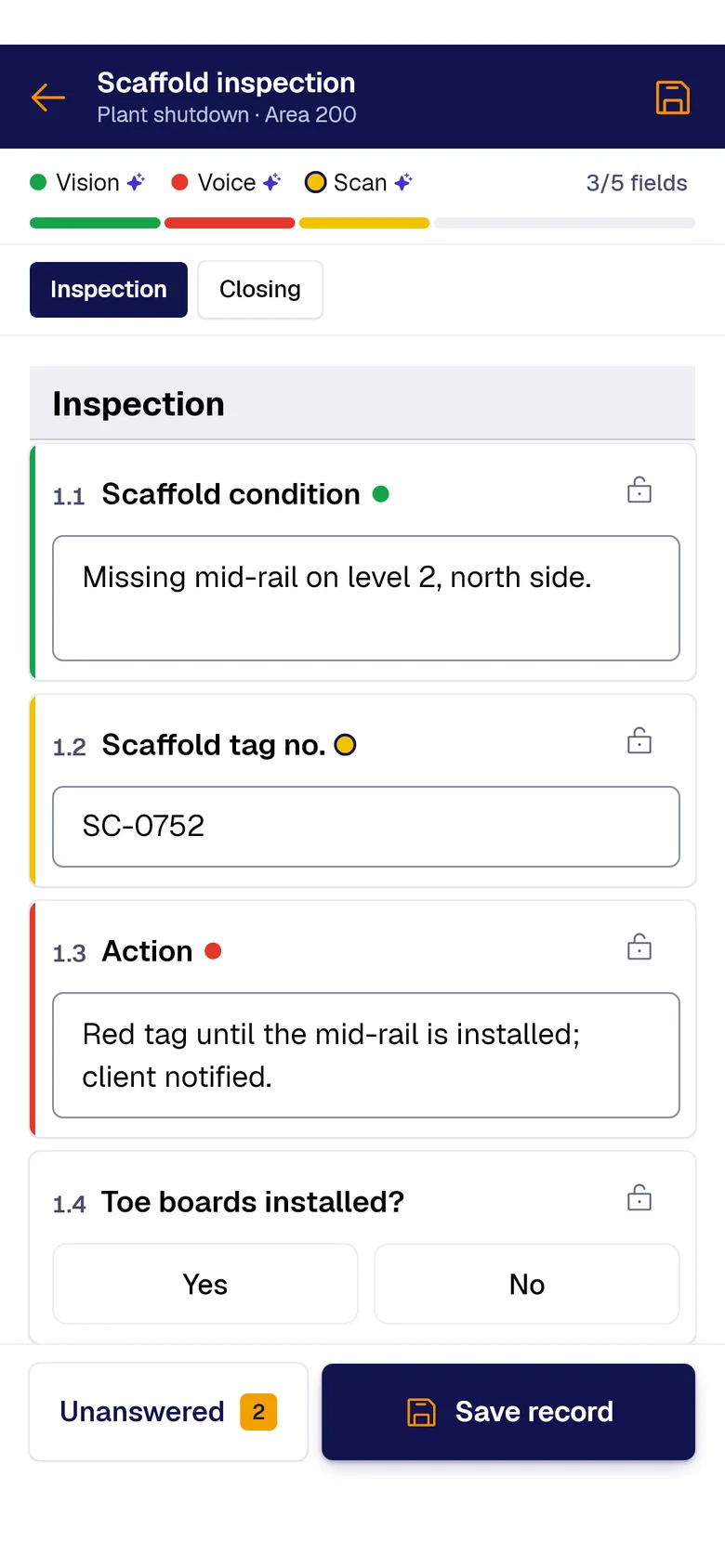 The “Scaffold inspection” form on the phone: Scaffold condition filled by PAIR Vision, Scaffold tag no. by PAIR Scan and Action by PAIR Voice, each with its colored dot.