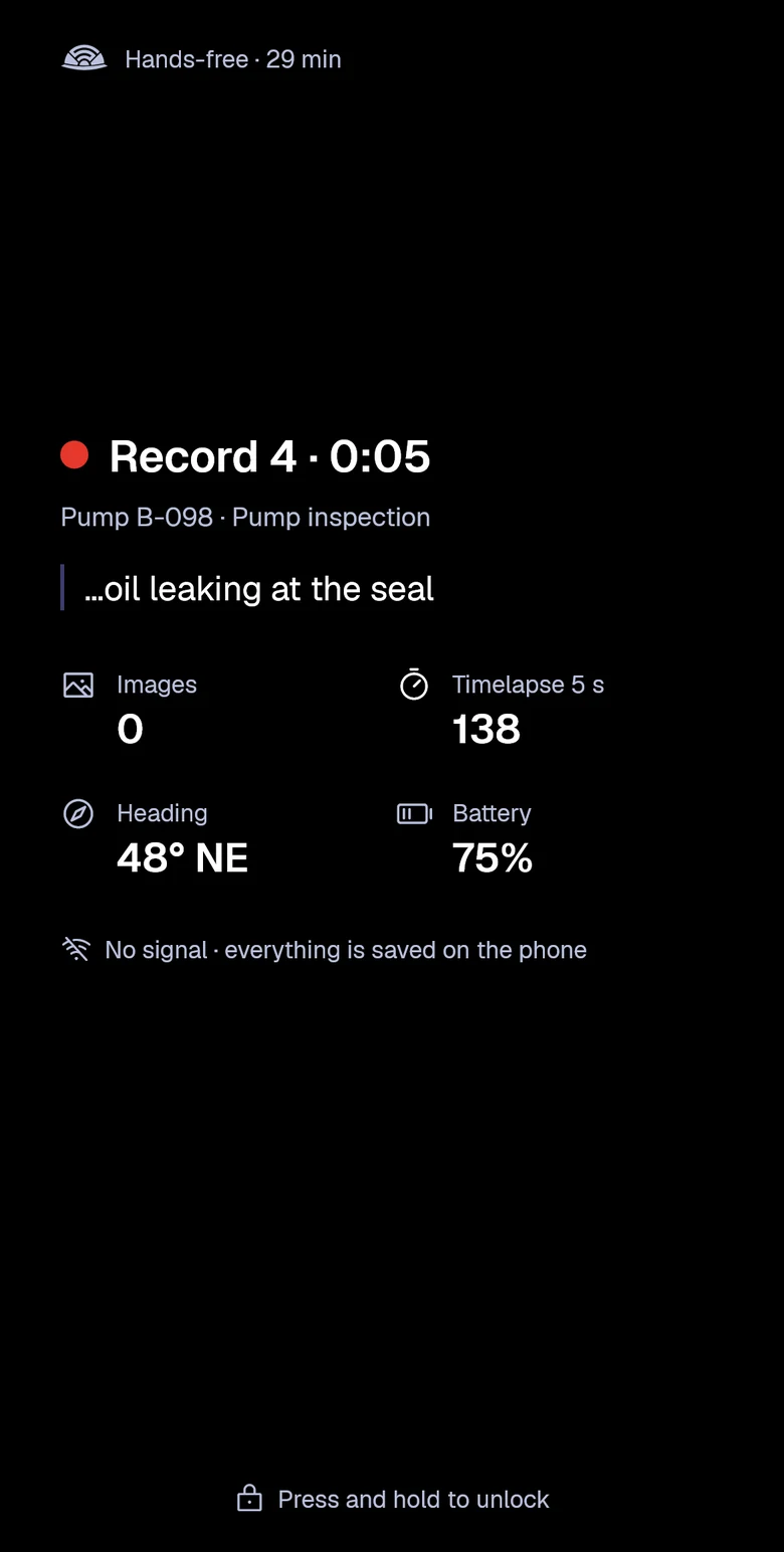 Record 4 at 5 seconds: an oil leak at the seal is being dictated