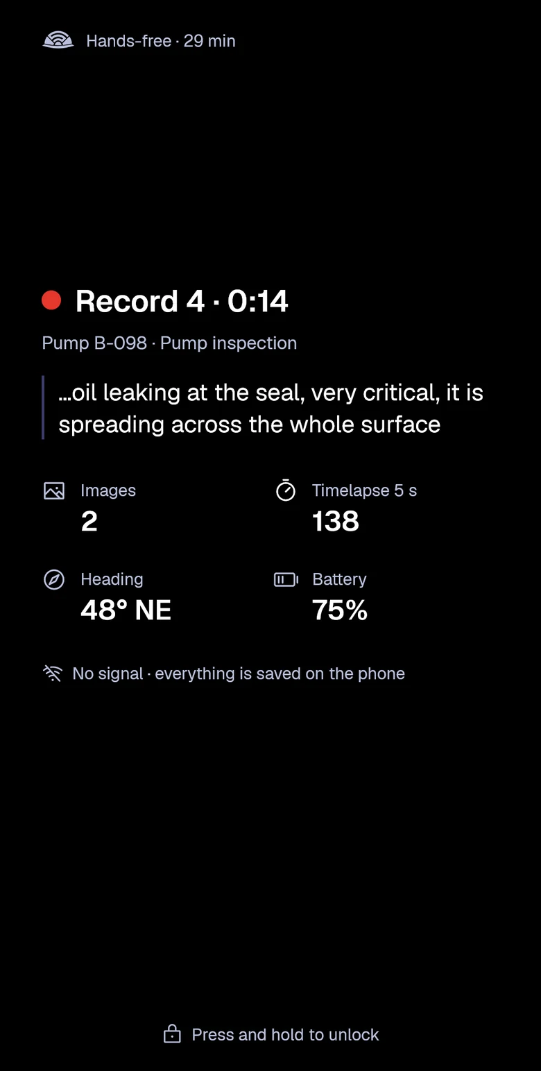 Record 4 at 14 seconds: dictation continues and two images are attached