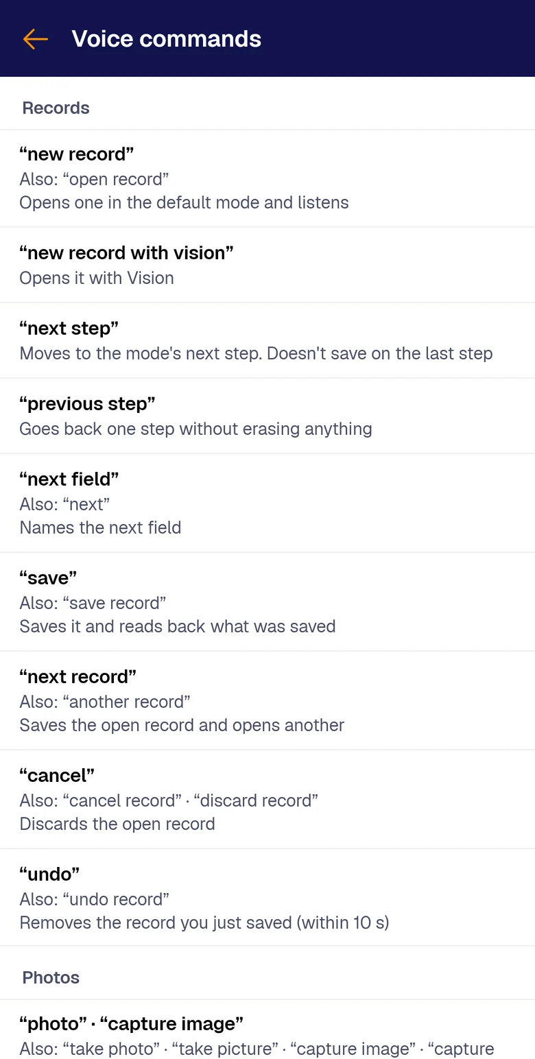 Voice command list: new record, next step, save, cancel, undo and photo