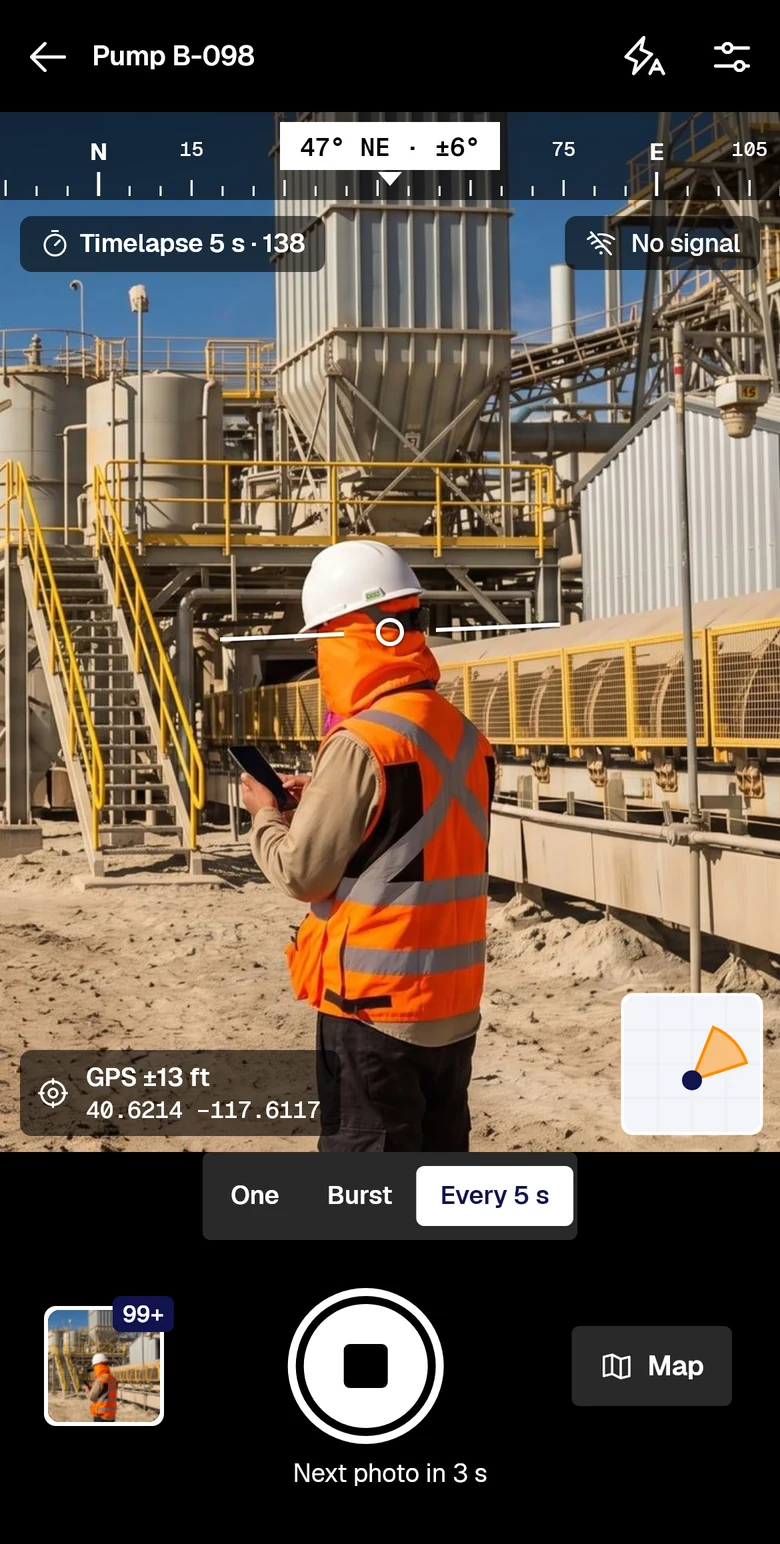 PAIR camera with a time-lapse every 5 seconds, heading, GPS and mini map, at a plant