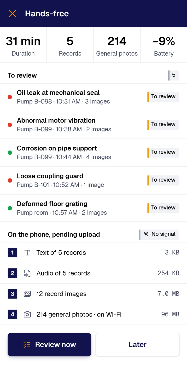 Session summary: records to review and what is still waiting to upload, in order