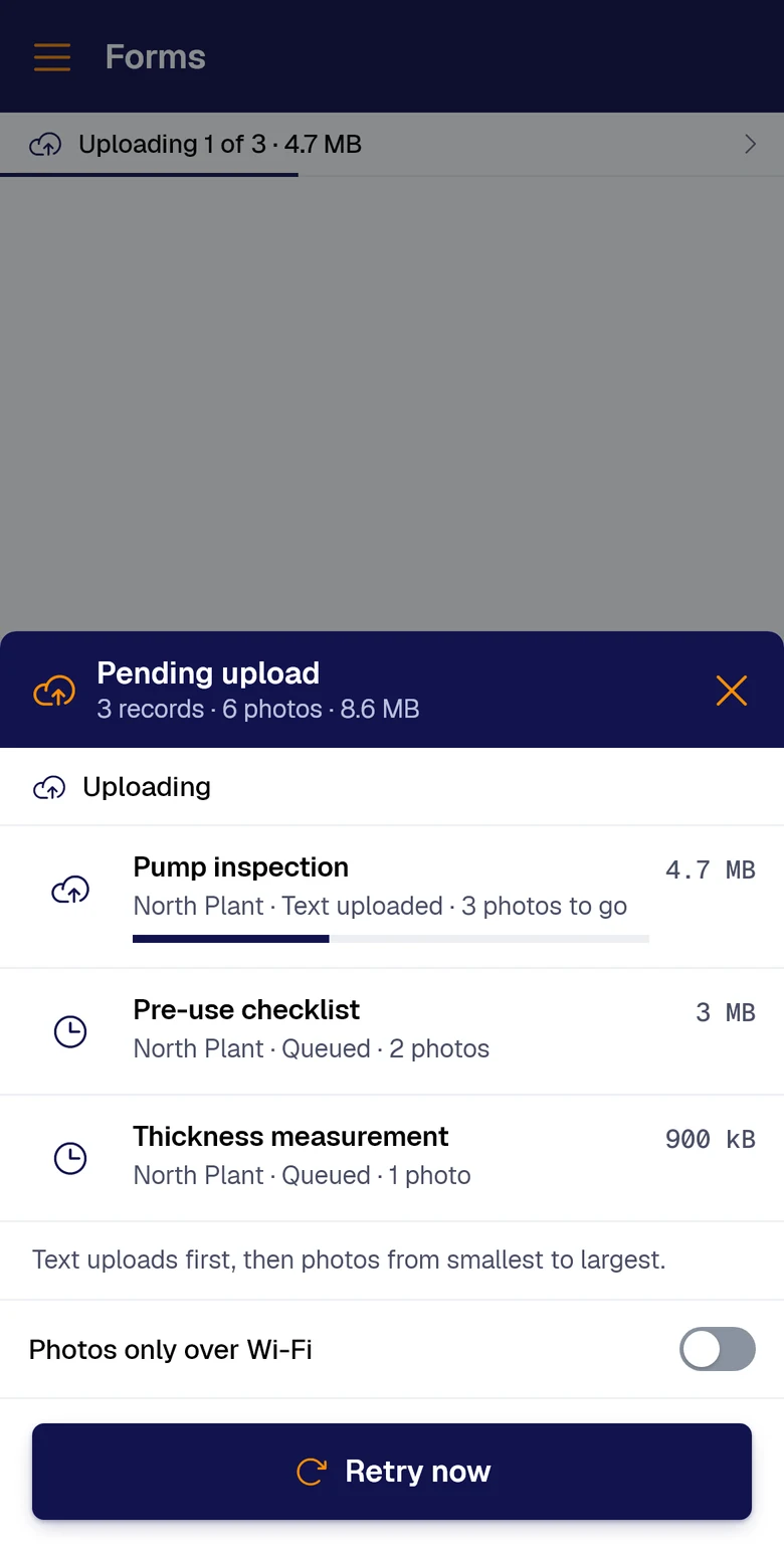 Once signal is back, the upload queue shows Uploading 1 of 3: text first, then photos
