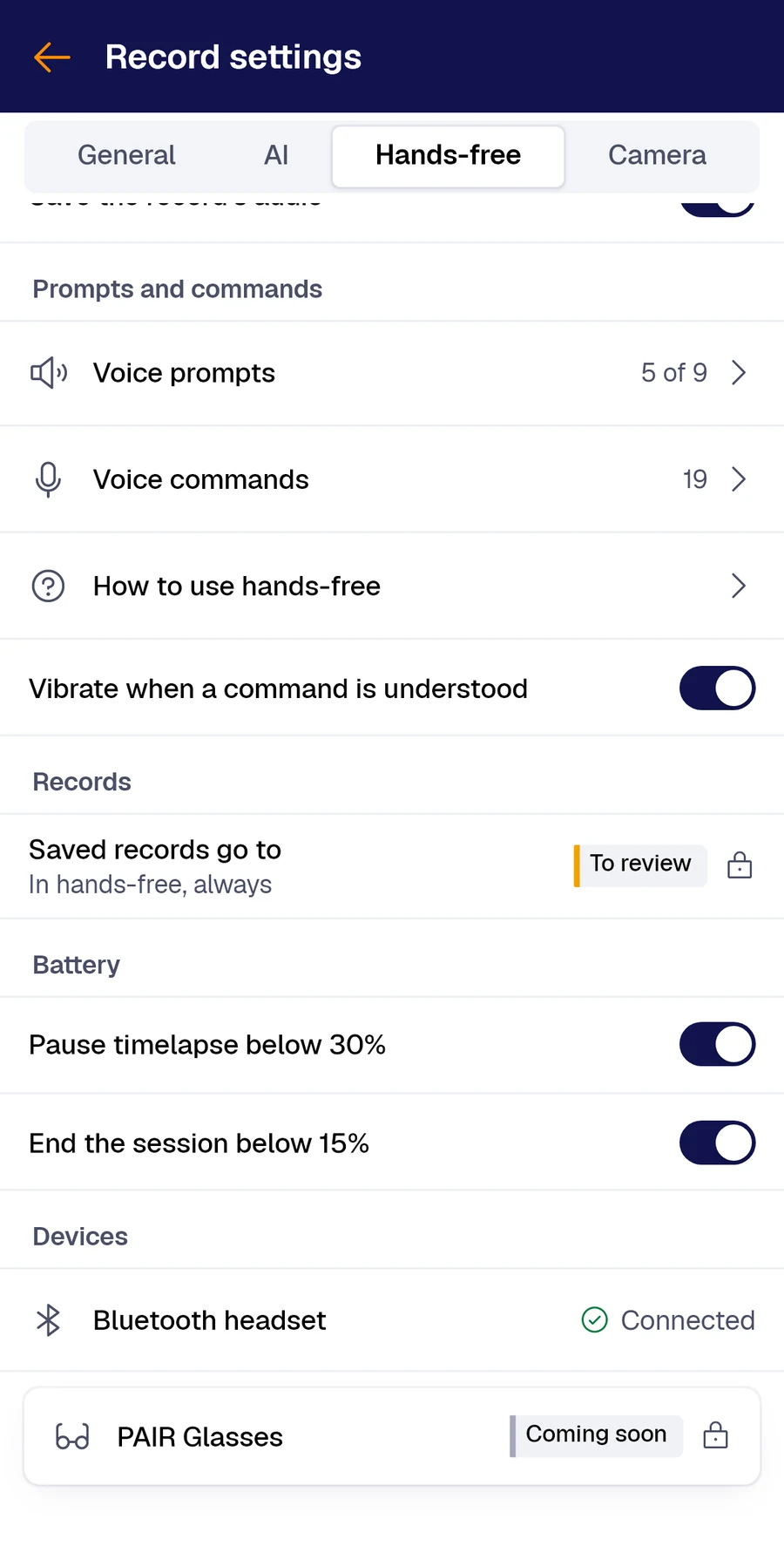 Hands-free settings, Devices section: Bluetooth headset connected and PAIR Glasses, coming soon