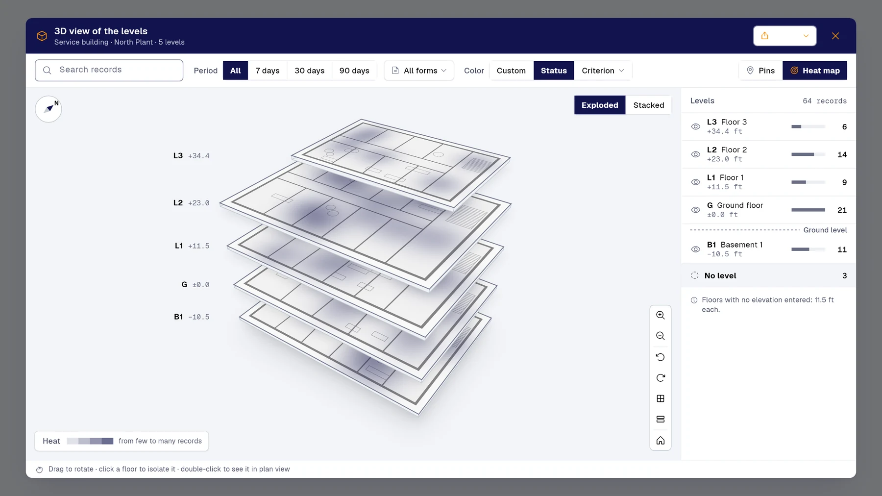 The same 3D view as a heat map: the areas of each floor where records cluster