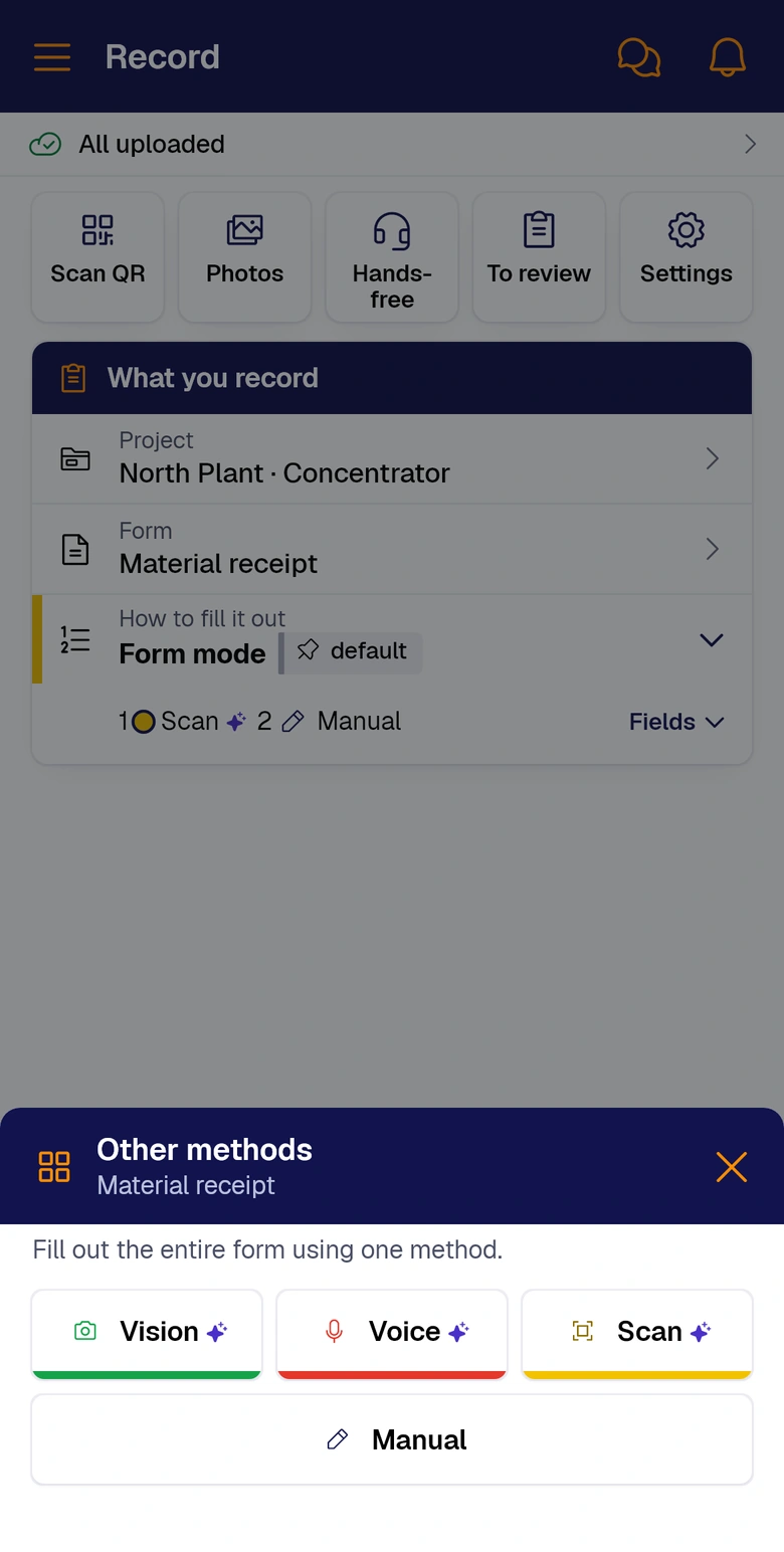 Record with Other methods open: Vision, Voice, Scan and Manual for the Material receipt form