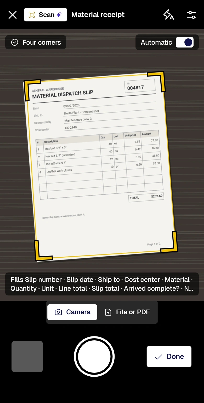 The Scan viewfinder finds the sheet: yellow outline and four corners, with Four corners and Automatic