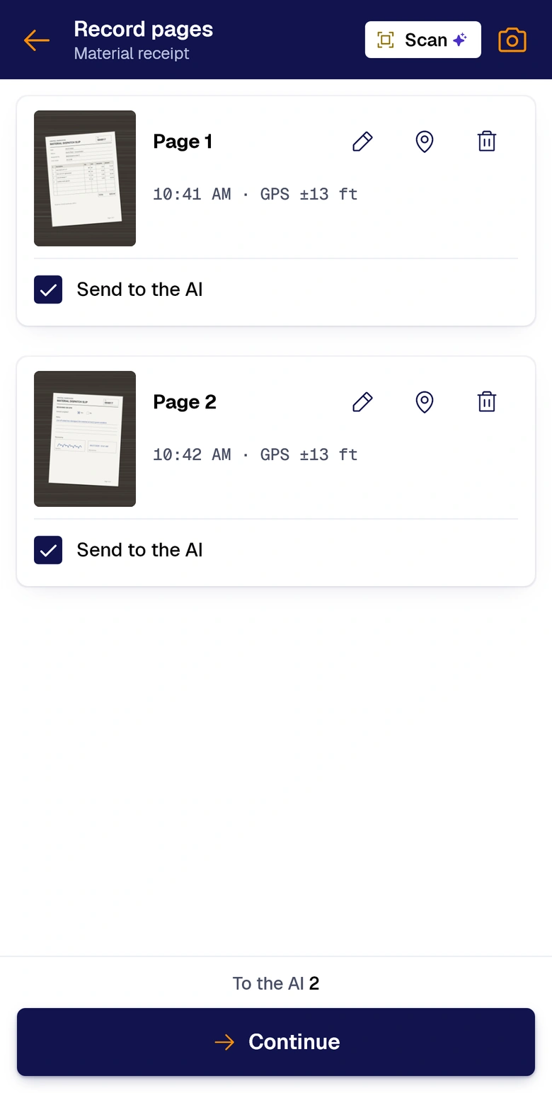 Record pages: both sheets, with time and GPS, ready for the AI