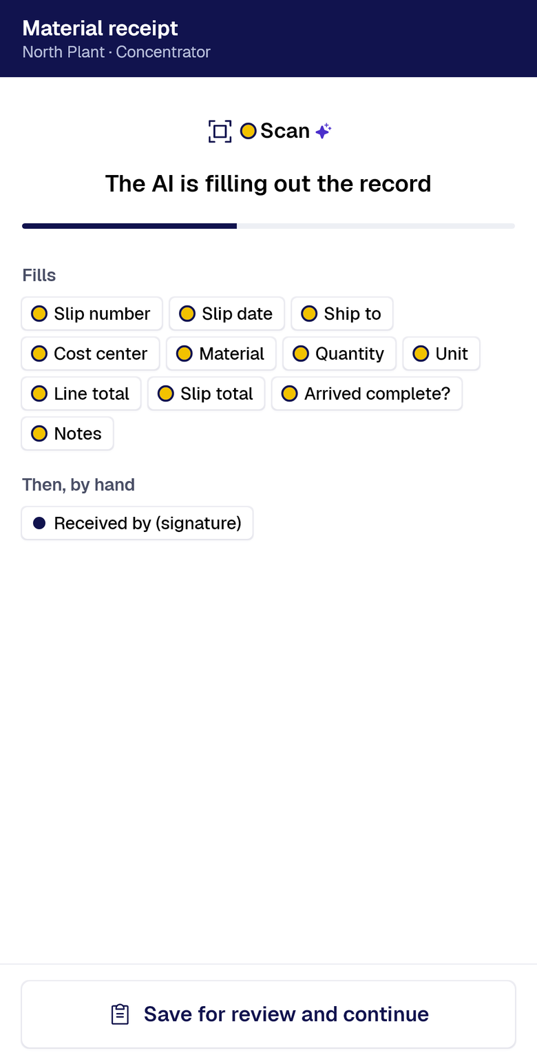 AI is filling out the record with Scan: the fields it fills and the signature, by hand