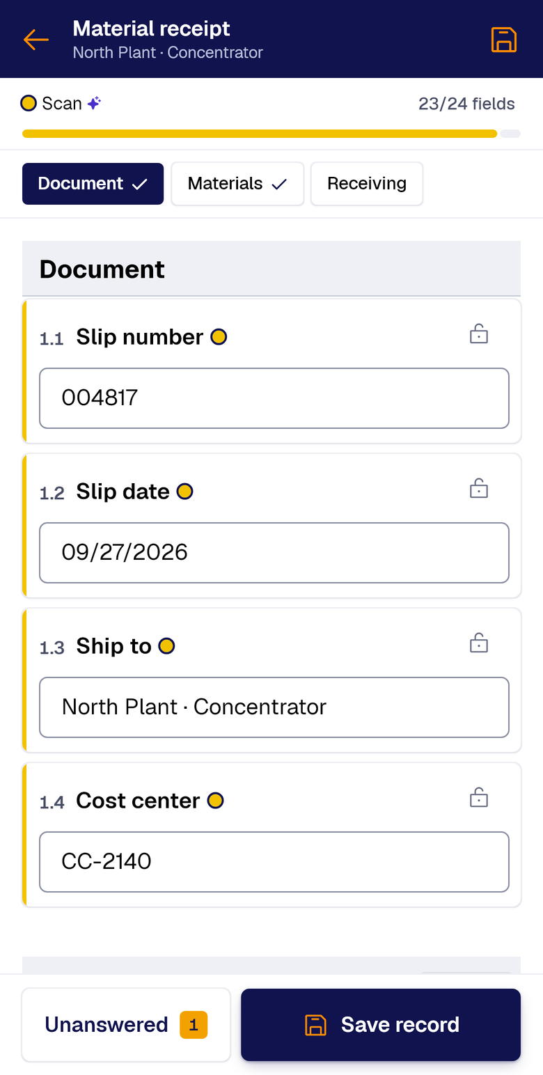 Scan filled in slip number, date, ship-to and cost center, with the yellow dot